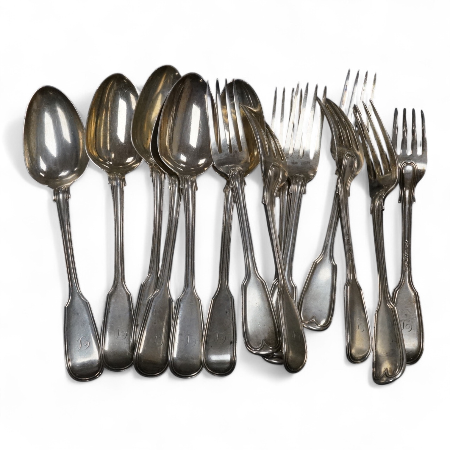 A set of eight William IV silver fiddle and thread pattern table forks, by Mary Chawner, London, 1834, 20.7cm and six matching table spoons, London, 1835, 40.5oz.